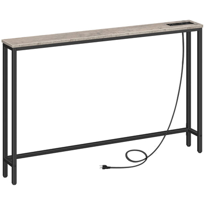 Long narrow table with a power cord on a white background