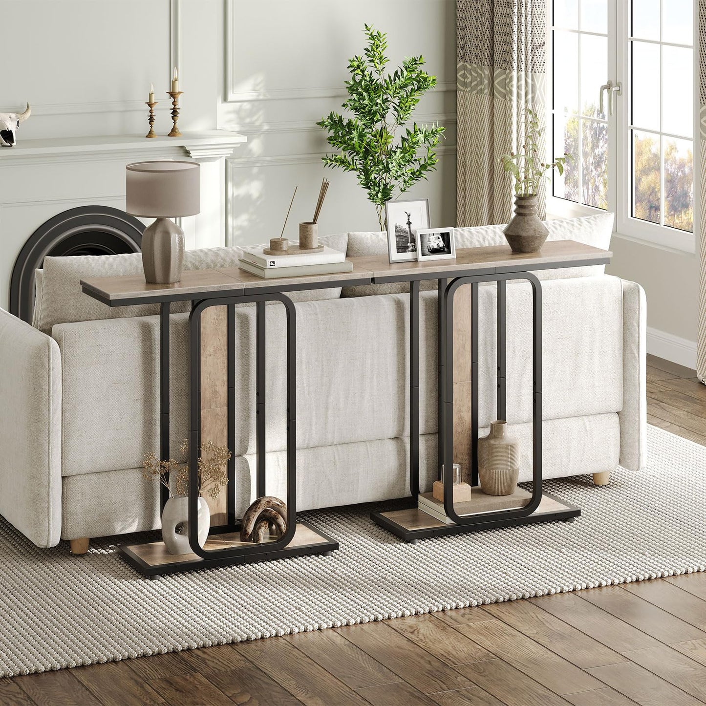 Two pieces of HOOBRO skinny behind couch tables arranged side by side in a living room sofa back zone.