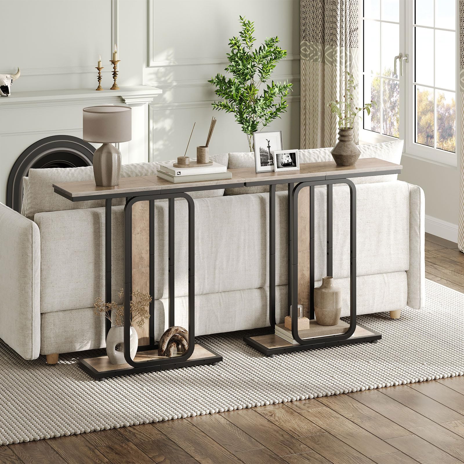 Two pieces of HOOBRO skinny behind couch tables arranged side by side in a living room sofa back zone.