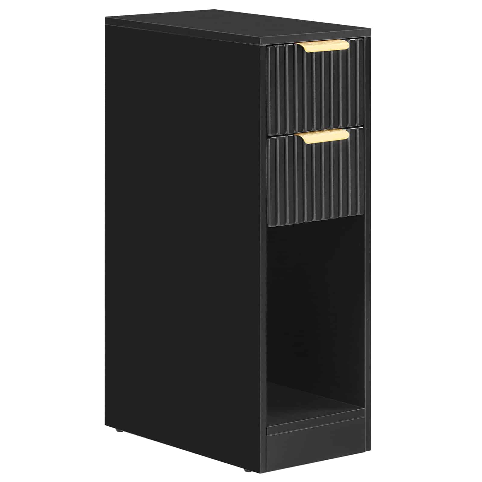 Studio clean background shot of an empty skinny black bedside table featuring elegant vertical fluted textures and gold T-bar handles.