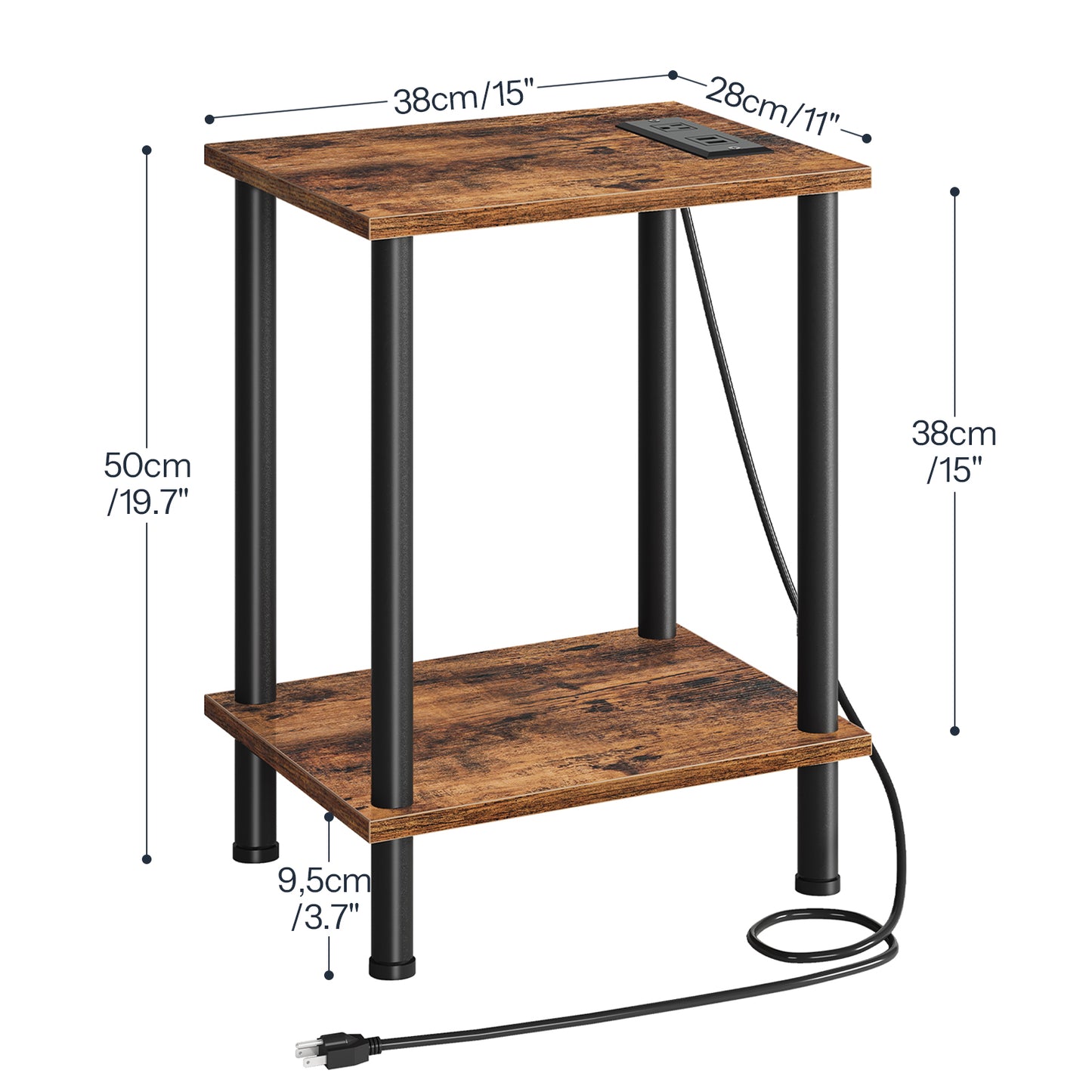 Detailed dimensions and space specifications chart of HOOBRO skinny side table with charging station.