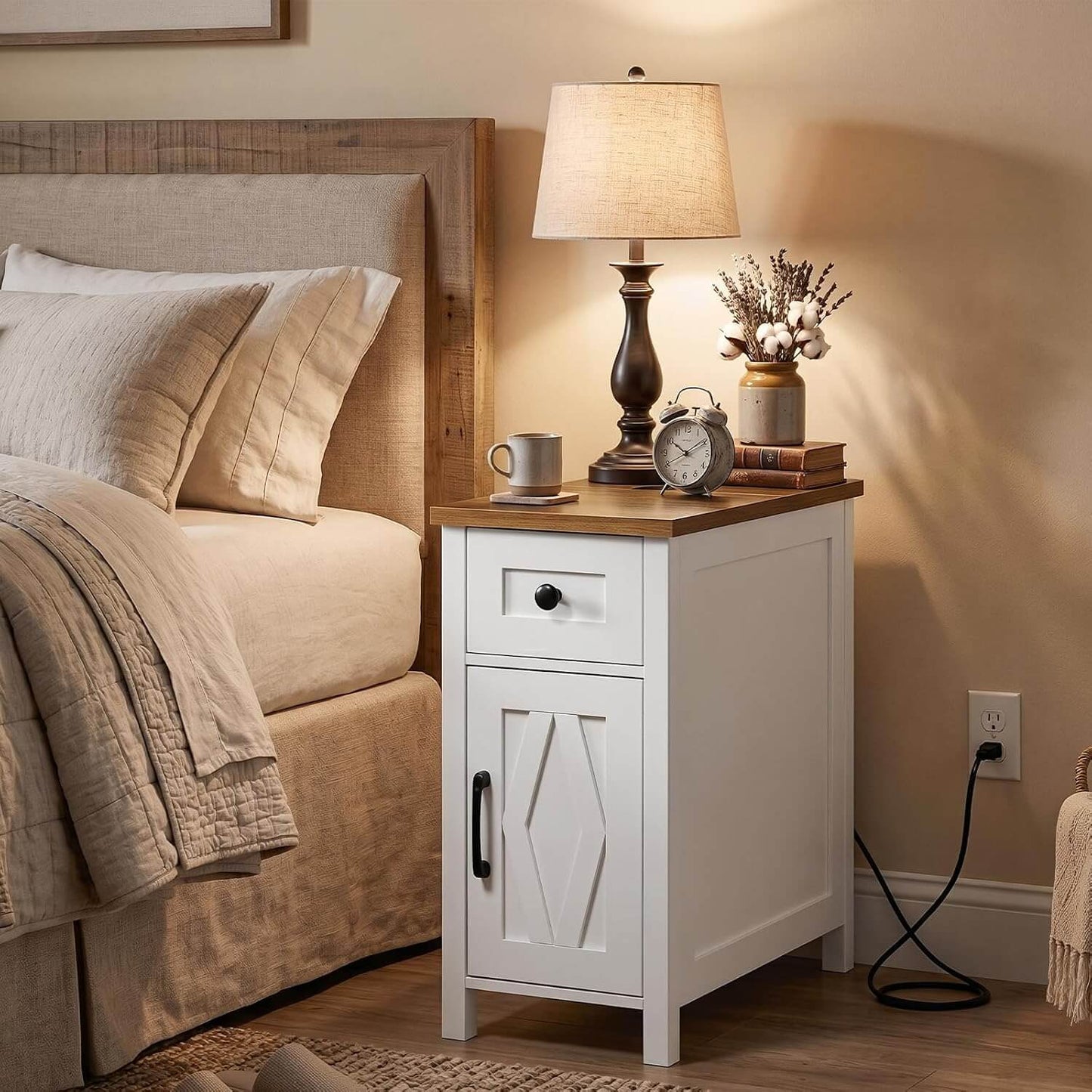 HOOBRO End Table with Charging Station, Farmhouse End Table with Drawer, Slim Nightstand for Living Room, Storage Cabinet, Narrow Side Table for Bedroom, Office, Walnut and White