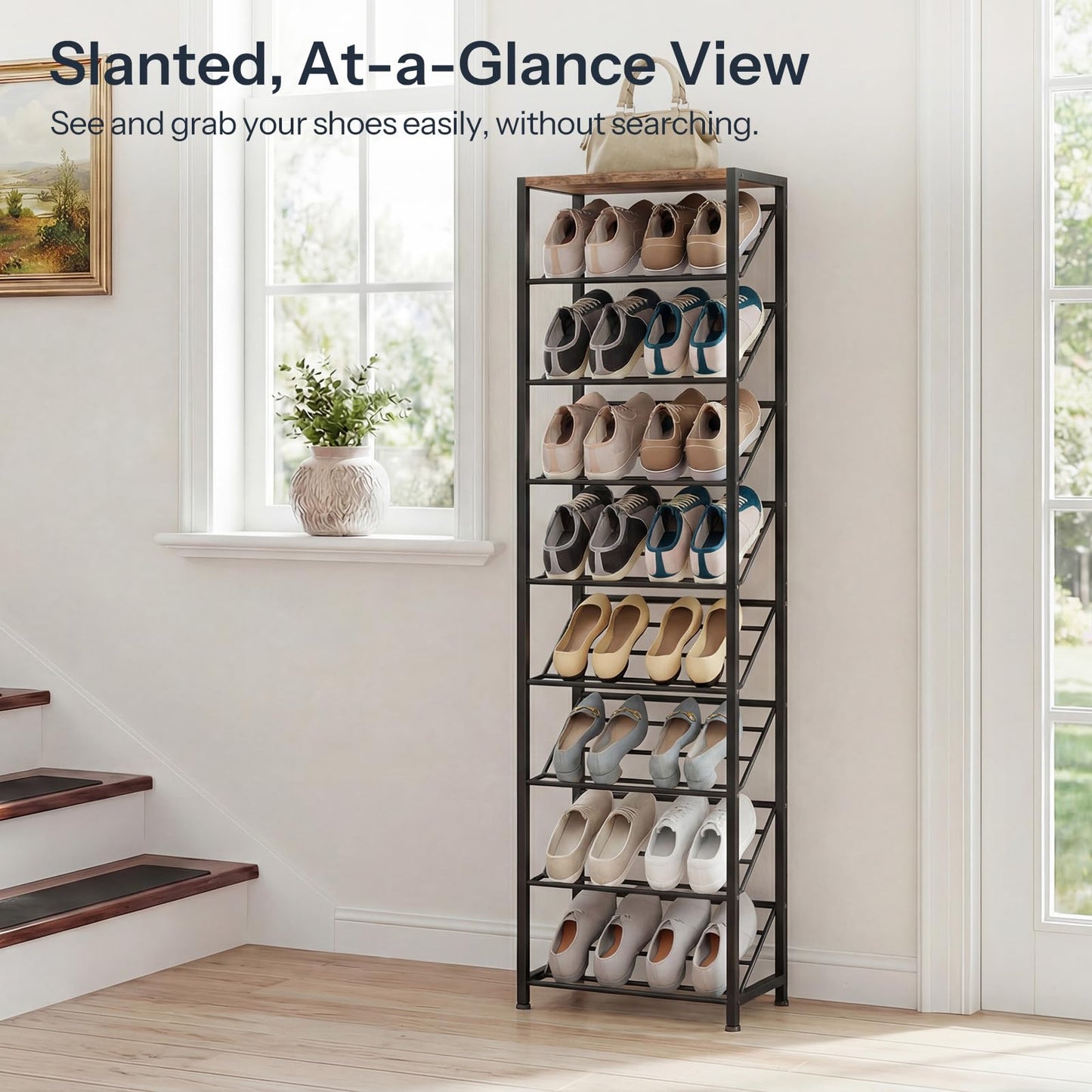 Slanted metal shoe organizer grids for at-a-glance view of footwear in hallway