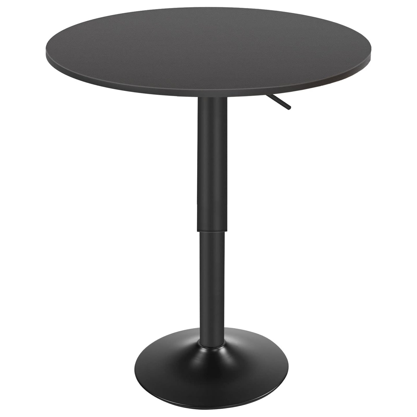 Sleek matte black adjustable height pub table with a clean round wood top and pedestal metal frame.
