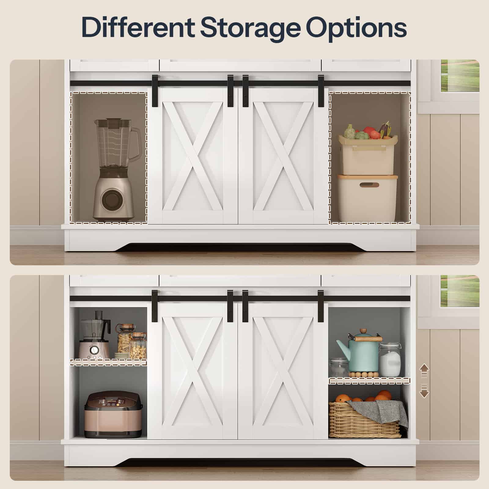 Dual-panel image showing different storage options by sliding the wooden barn doors to conceal or display different cabinet sections.