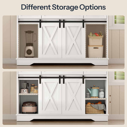 Dual-panel image showing different storage options by sliding the wooden barn doors to conceal or display different cabinet sections.