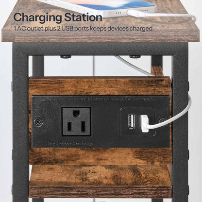 Close-up of the built-in charging hub on the table shelf featuring standard AC outlets and high-speed USB ports.