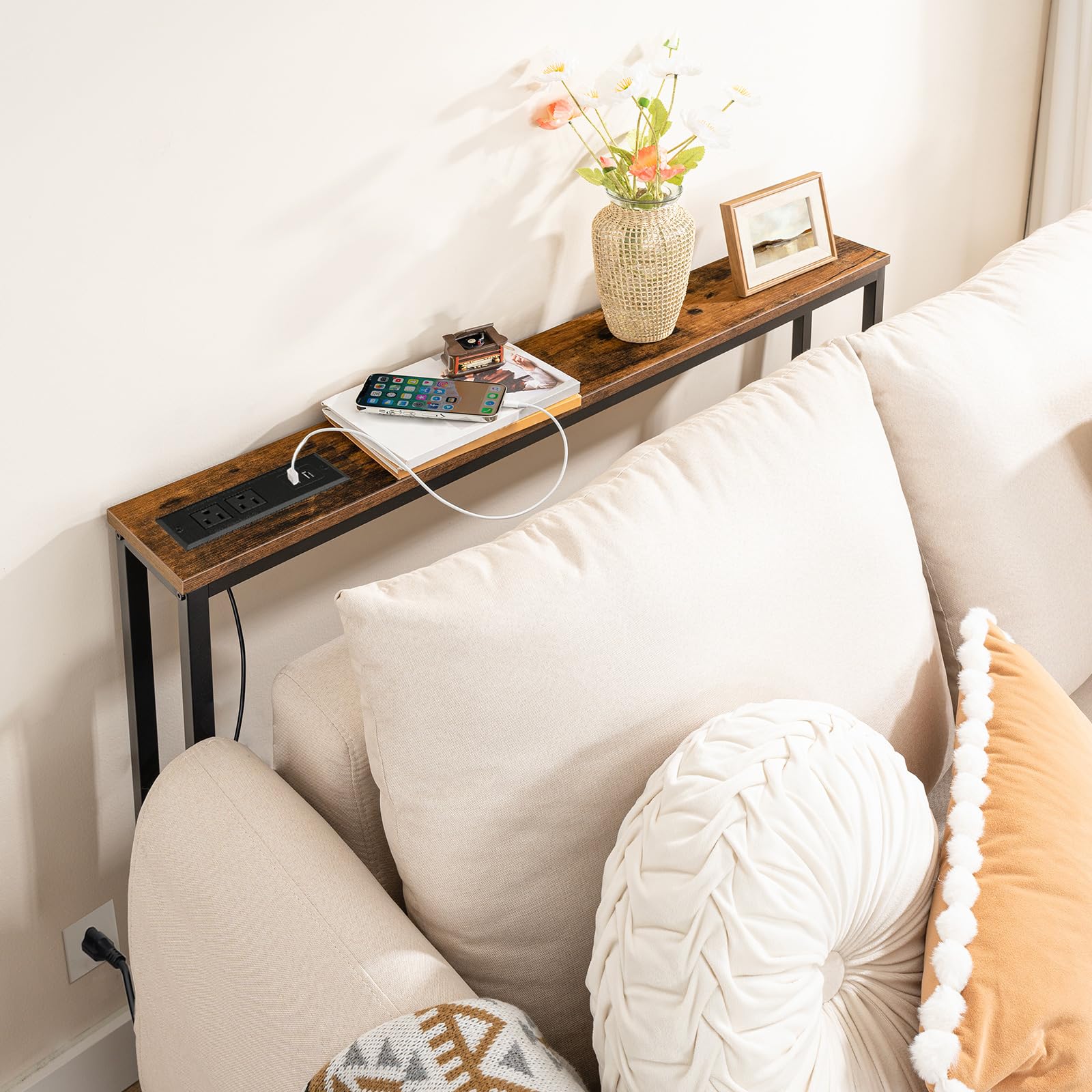 Two slim behind sofa tables combined together to hold coffee cups in living room
