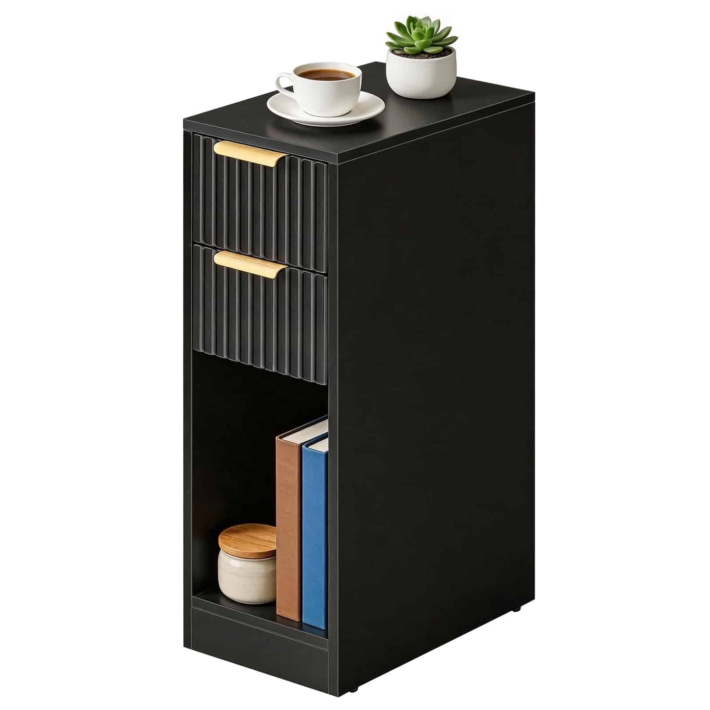 Black storage cabinet with a small table on top holding a cup and plant, on a white background