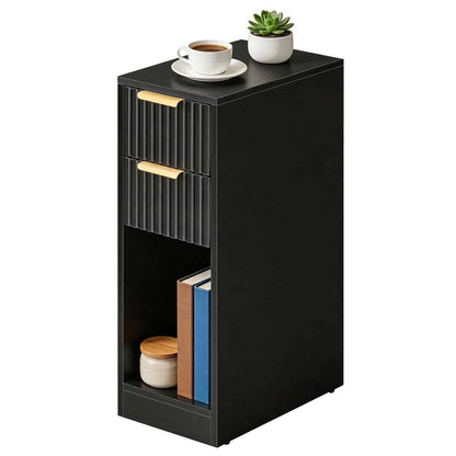 Black storage cabinet with a small table on top holding a cup and plant, on a white background