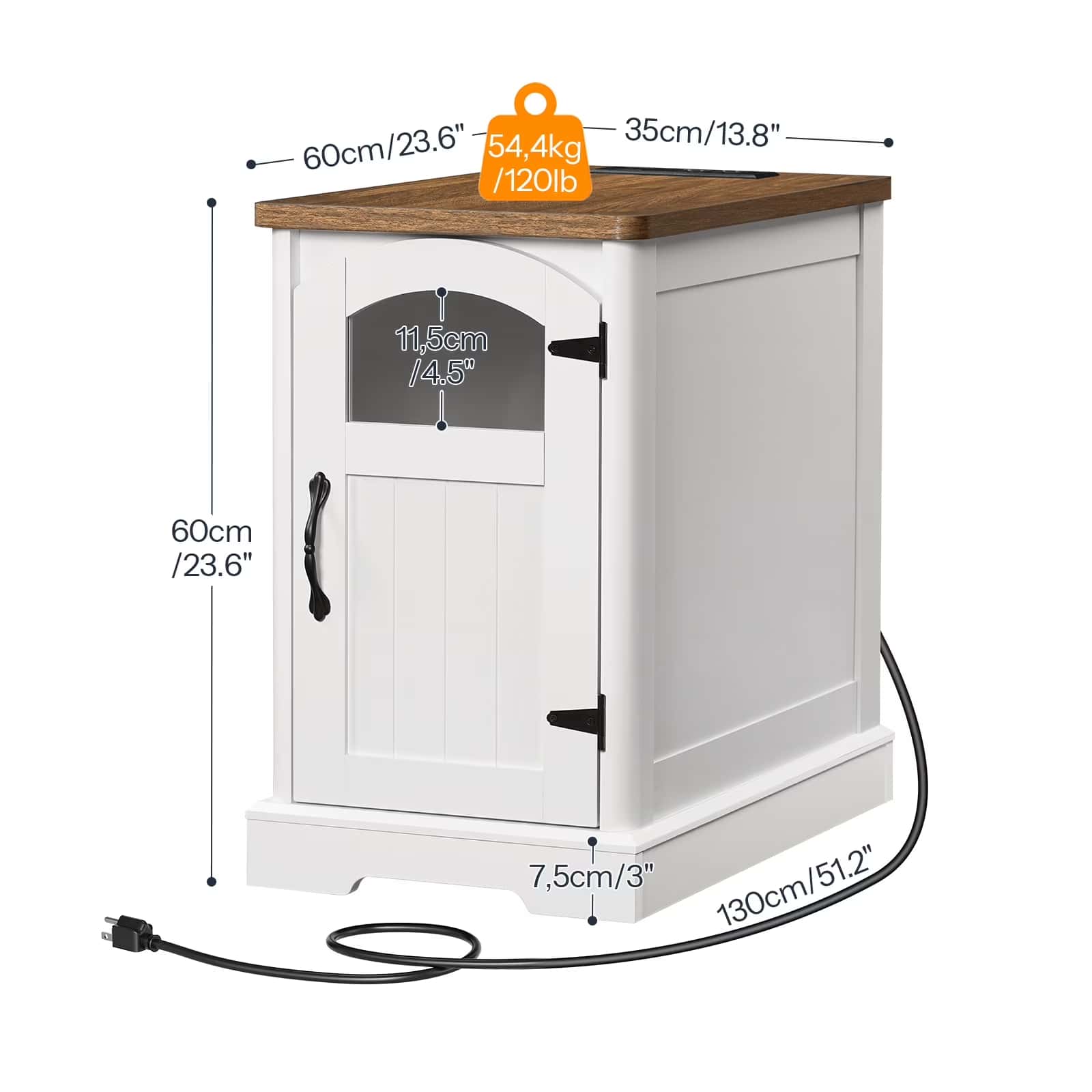 White cabinet with wooden top and dimensions labeled on a white background