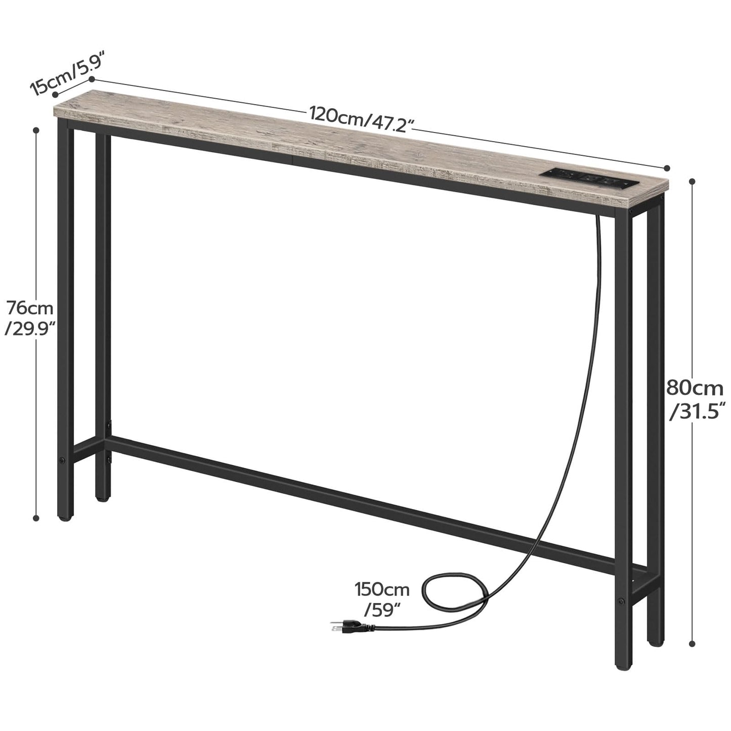 Console table with dimensions labeled on a white background