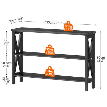 Dimension and size guide chart of the slim black entryway table showing exact tier heights and maximum weight capacity.