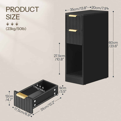 Product size chart showing detailed dimensions of the narrow fluted nightstand and its interior drawer measurements.