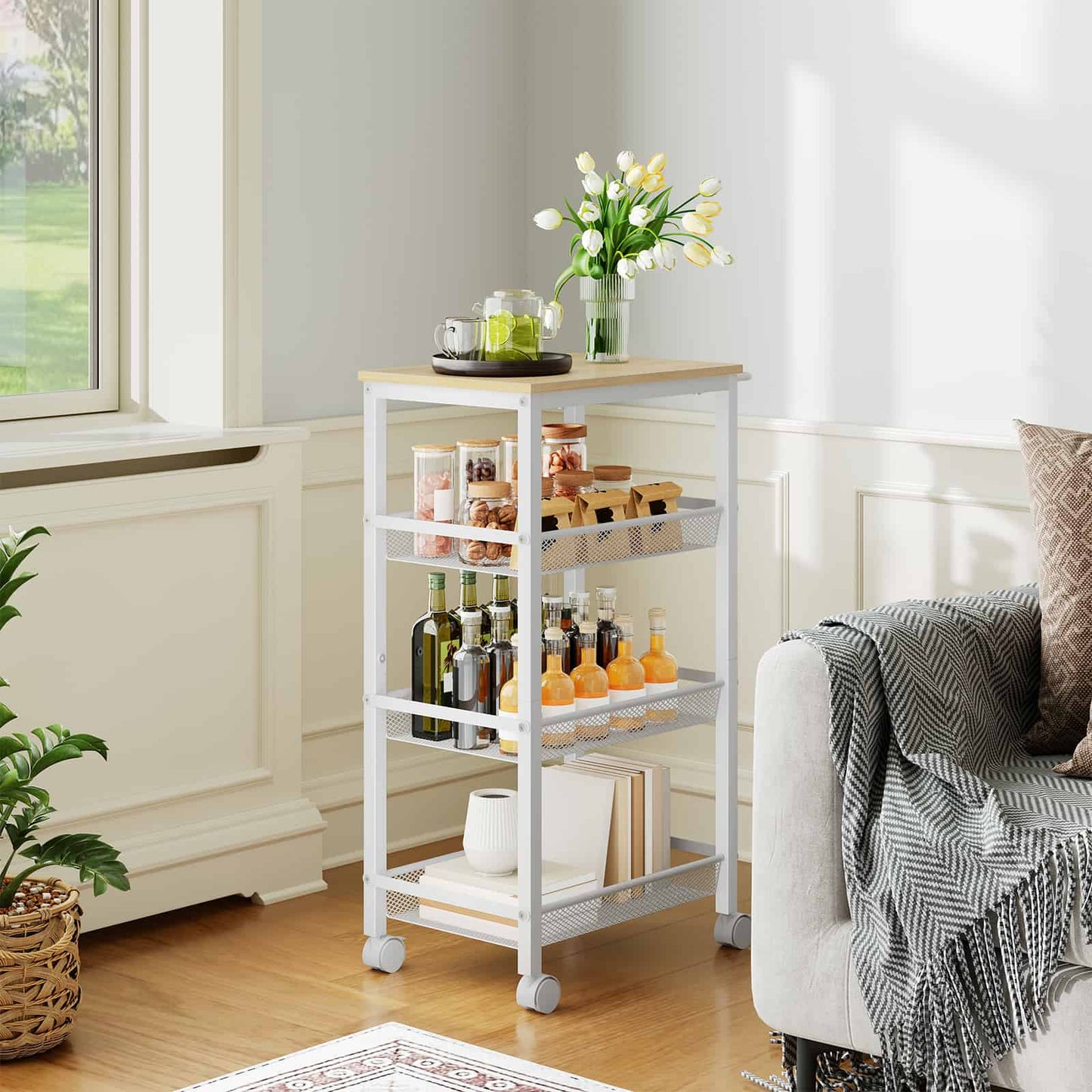 Slim white storage cart with a flower vase on top, positioned in a bright living room next to a grey sofa.