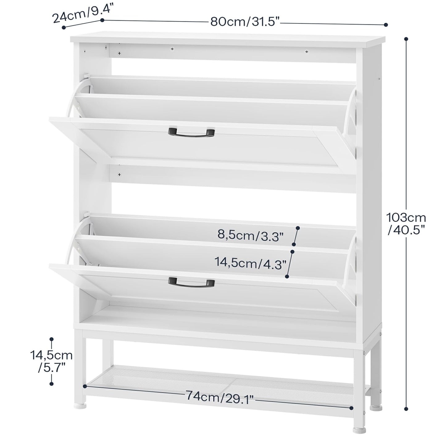 Detailed dimensions and internal compartment size specifications chart of HOOBRO slim shoe rack cabinet.