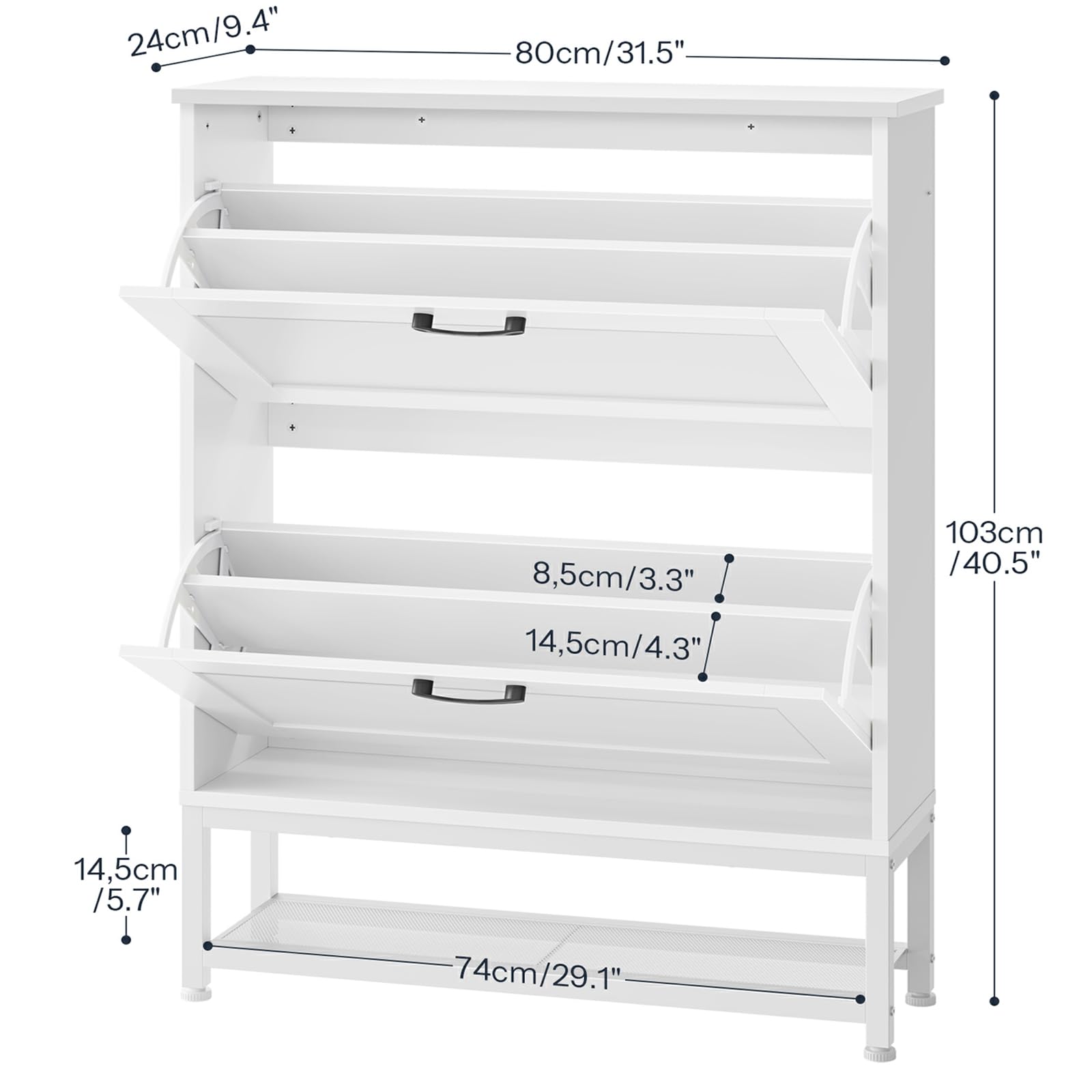 Detailed dimensions and internal compartment size specifications chart of HOOBRO slim shoe rack cabinet.