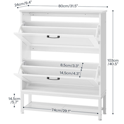 Detailed dimensions and internal compartment size specifications chart of HOOBRO slim shoe rack cabinet.