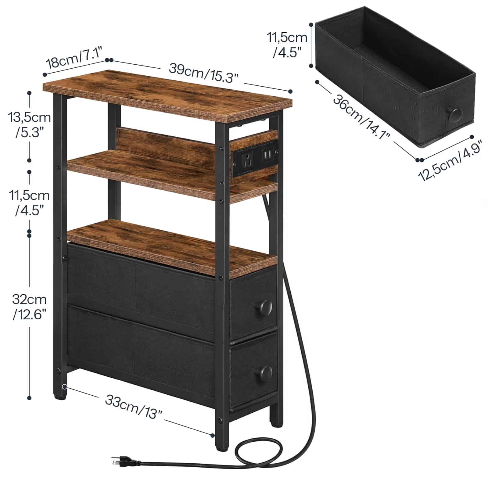 Detailed dimension chart of the narrow nightstand showing its slim width, height tiers, and removable fabric drawer sizes.