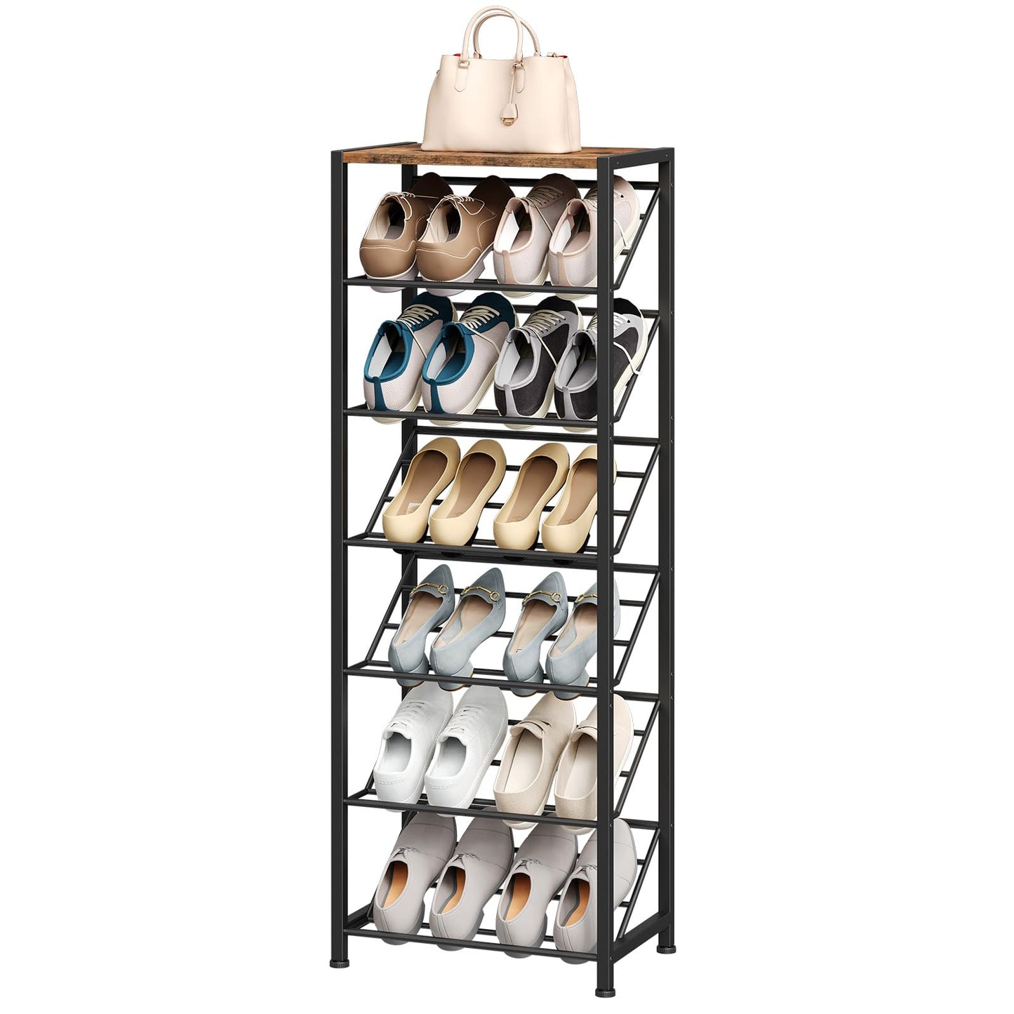 Slim slanted shoe storage tower with 7 mesh layers holding sneakers, heels, and a handbag on top.