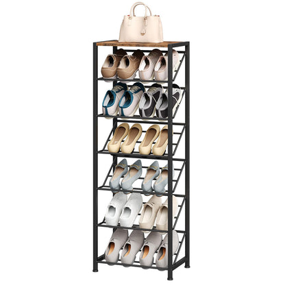Slim slanted shoe storage tower with 7 mesh layers holding sneakers, heels, and a handbag on top.