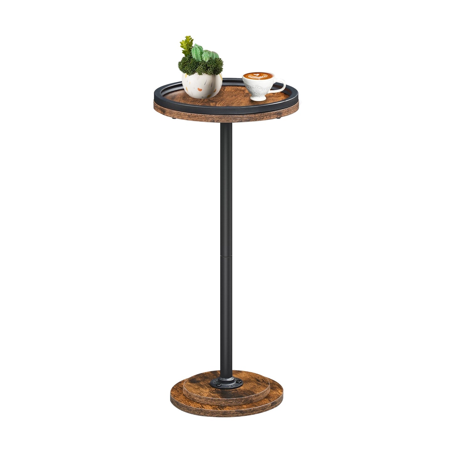 Isolated front view of an empty small circle bedside nightstand with a matte black single post frame.