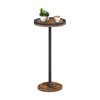 Isolated front view of an empty small circle bedside nightstand with a matte black single post frame.