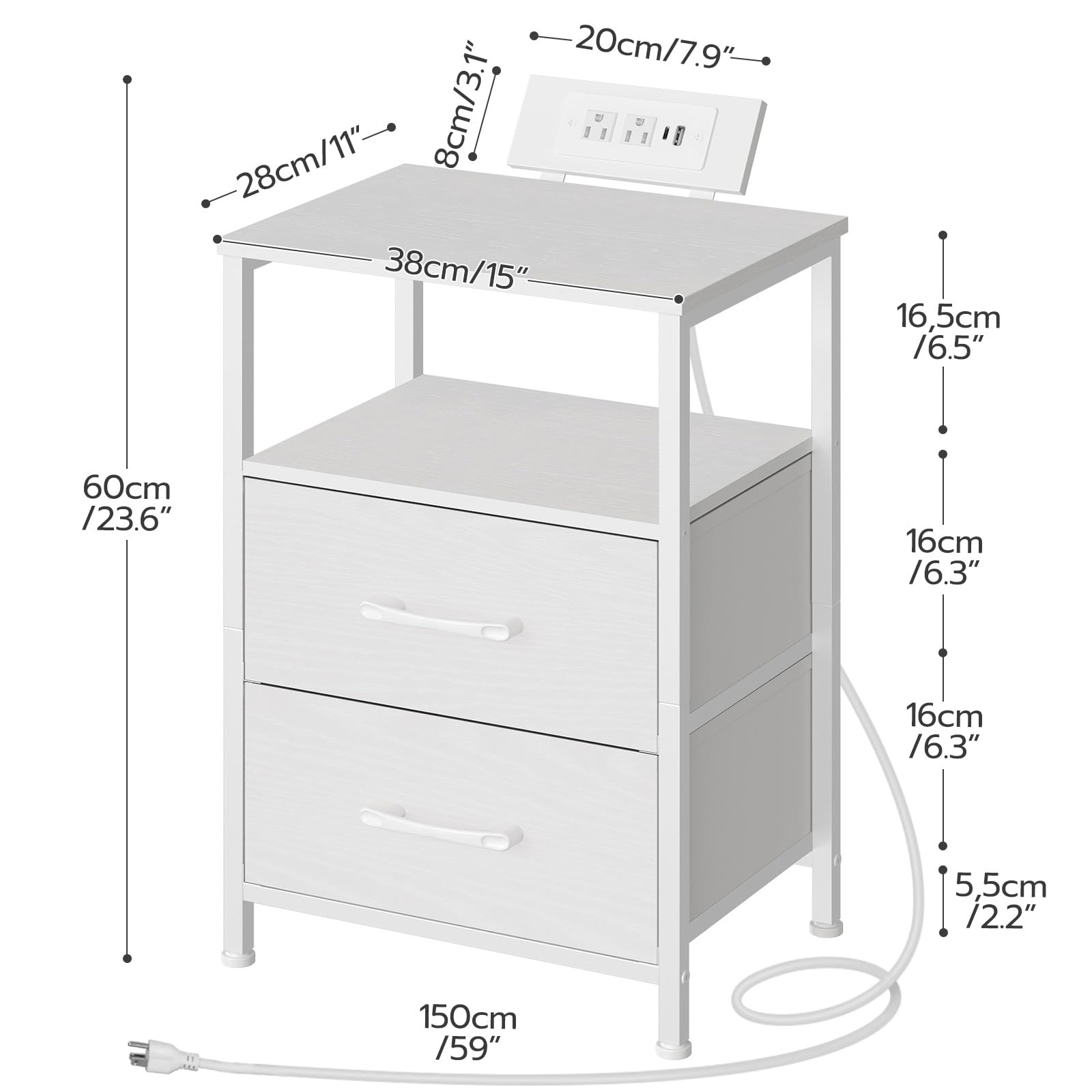 White nightstand with dimensions labeled on a white background