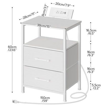 White nightstand with dimensions labeled on a white background