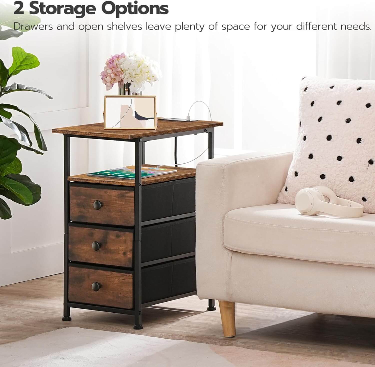 Wooden storage unit with drawers and open shelves next to a beige sofa in a living room setting.