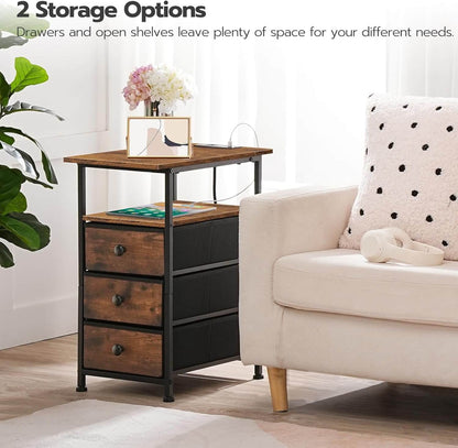 Wooden storage unit with drawers and open shelves next to a beige sofa in a living room setting.