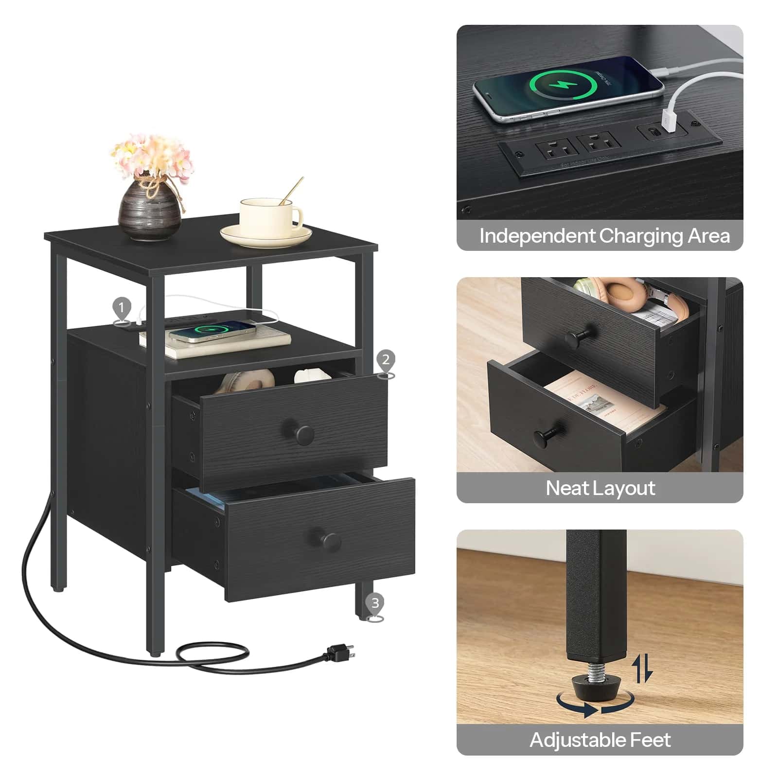 Overview of the smart charging bedside table features including power outlet, drawers, and adjustable feet.