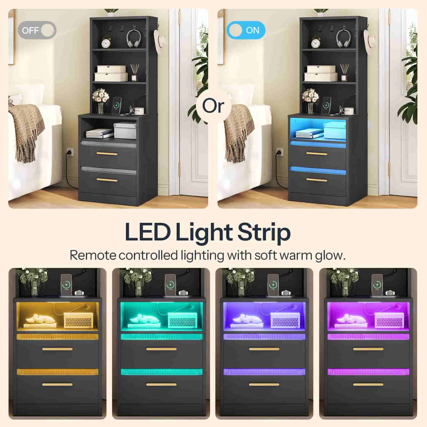 Infographic demonstrating the smart LED nightstand with 6 different glowing ambient light color options.