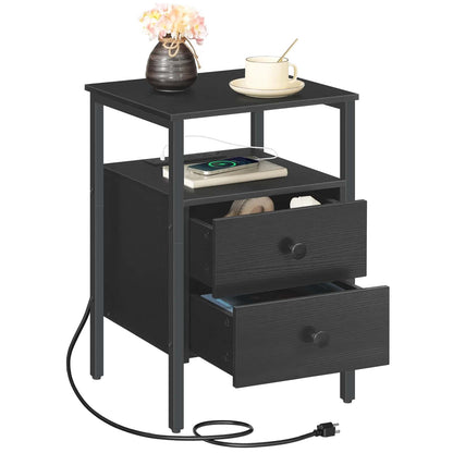 A smart black nightstand with 2 drawers pulled open to reveal storage organization space.
