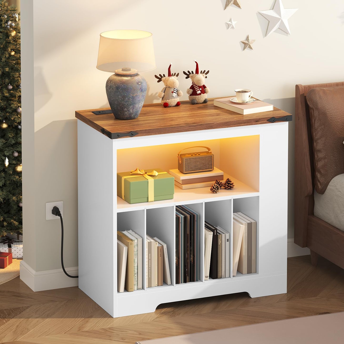 HOOBRO smart nightstand with warm orange LED lighting used as a cozy bedroom bedside table for home decor.