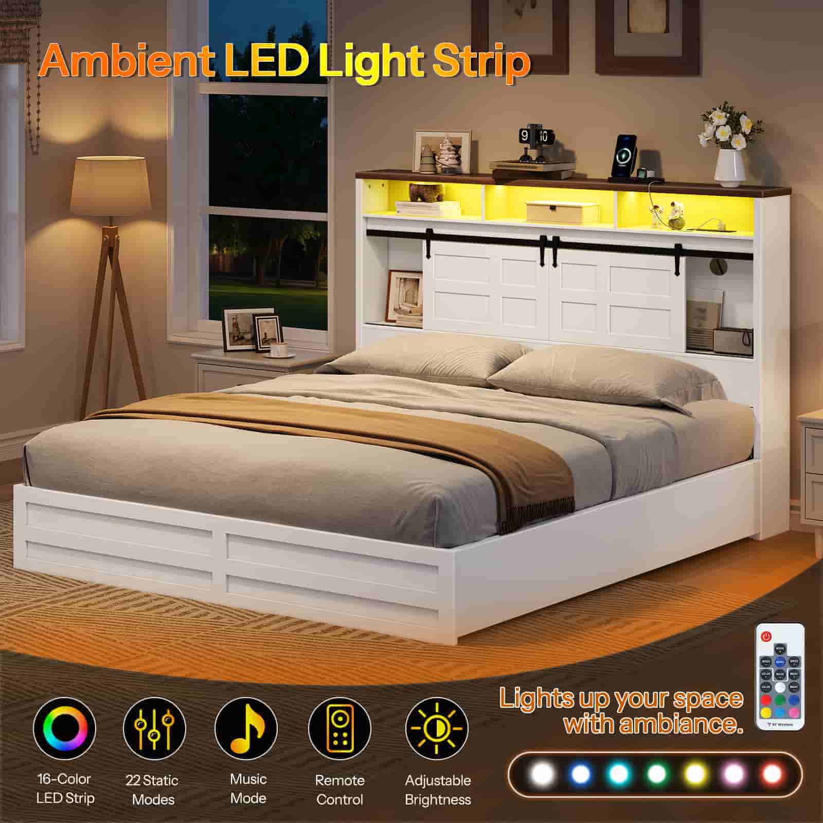 Infographic demonstrating the app-controlled RGB LED light strip with music sync features on the headboard.