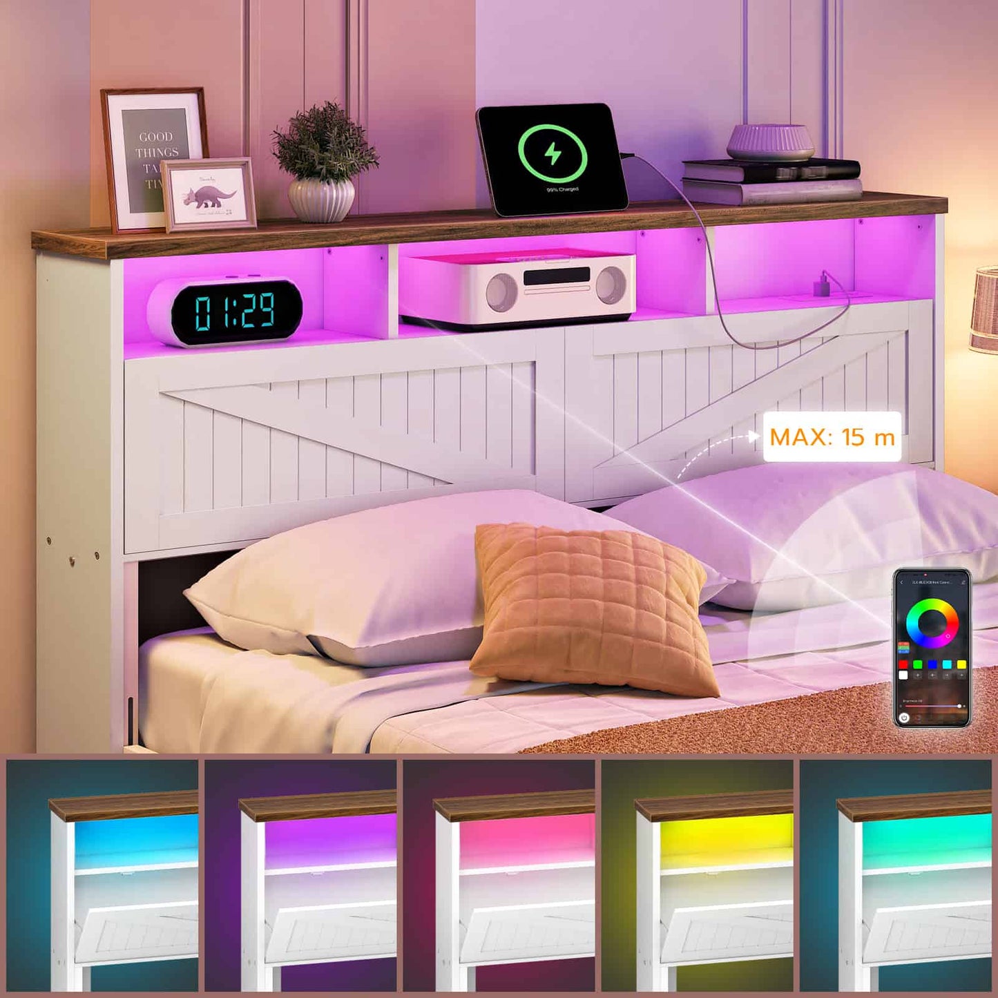 Feature callout image highlighting the smart multicolor LED light strip with 5 different glowing color display options and a remote.