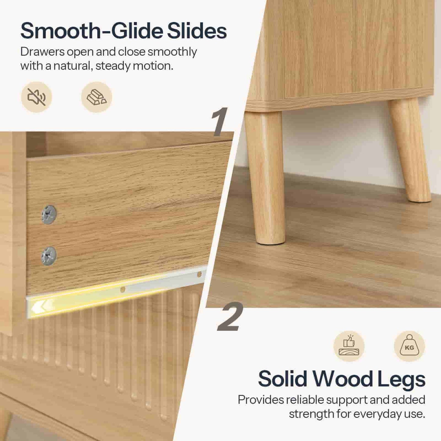  Detail shot showcasing the smooth-glide drawer slides and sturdy solid wood tapered legs of the bedside table.