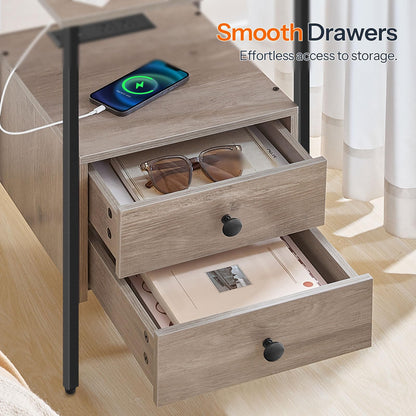 Smooth slide out fabric drawers holding personal essentials on a rustic bedside cabinet