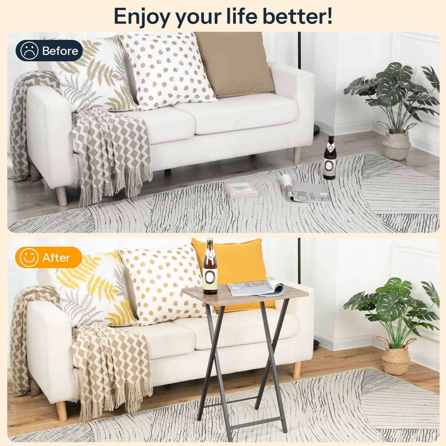 Before-and-after infographic showing how the folding sofa snack table organizes drinks and books to enjoy life better.
