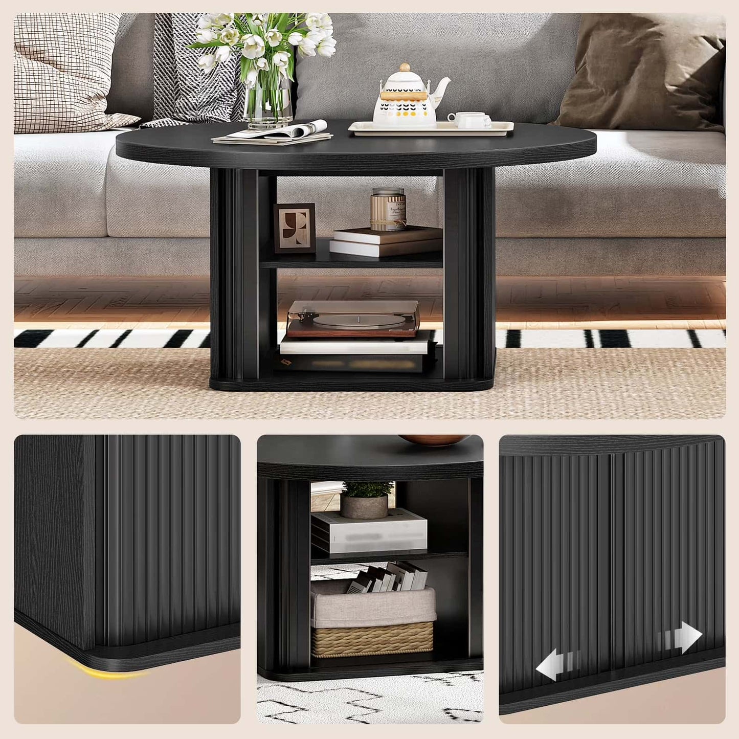 Details of the sophisticated sliding door design and tracks on the black round coffee table.