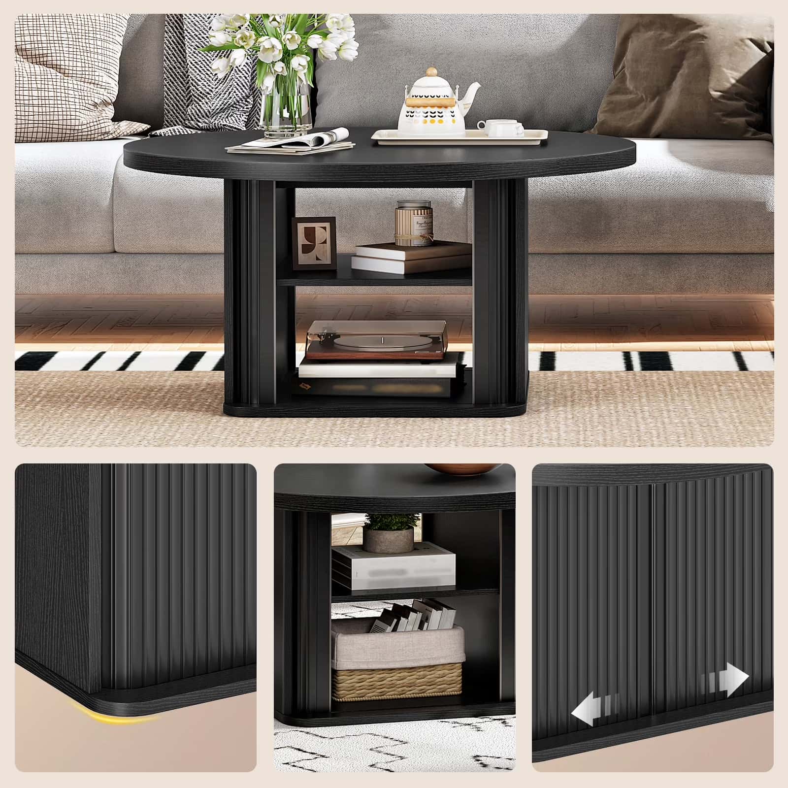 Details of the sophisticated sliding door design and tracks on the black round coffee table.