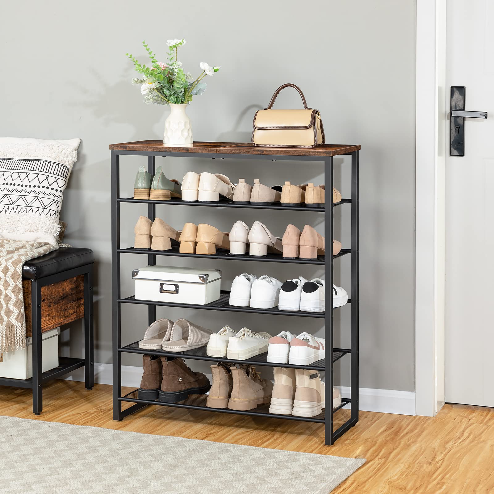 Space saving 6-tier shoe shelf providing cleanroom style organization for hallways