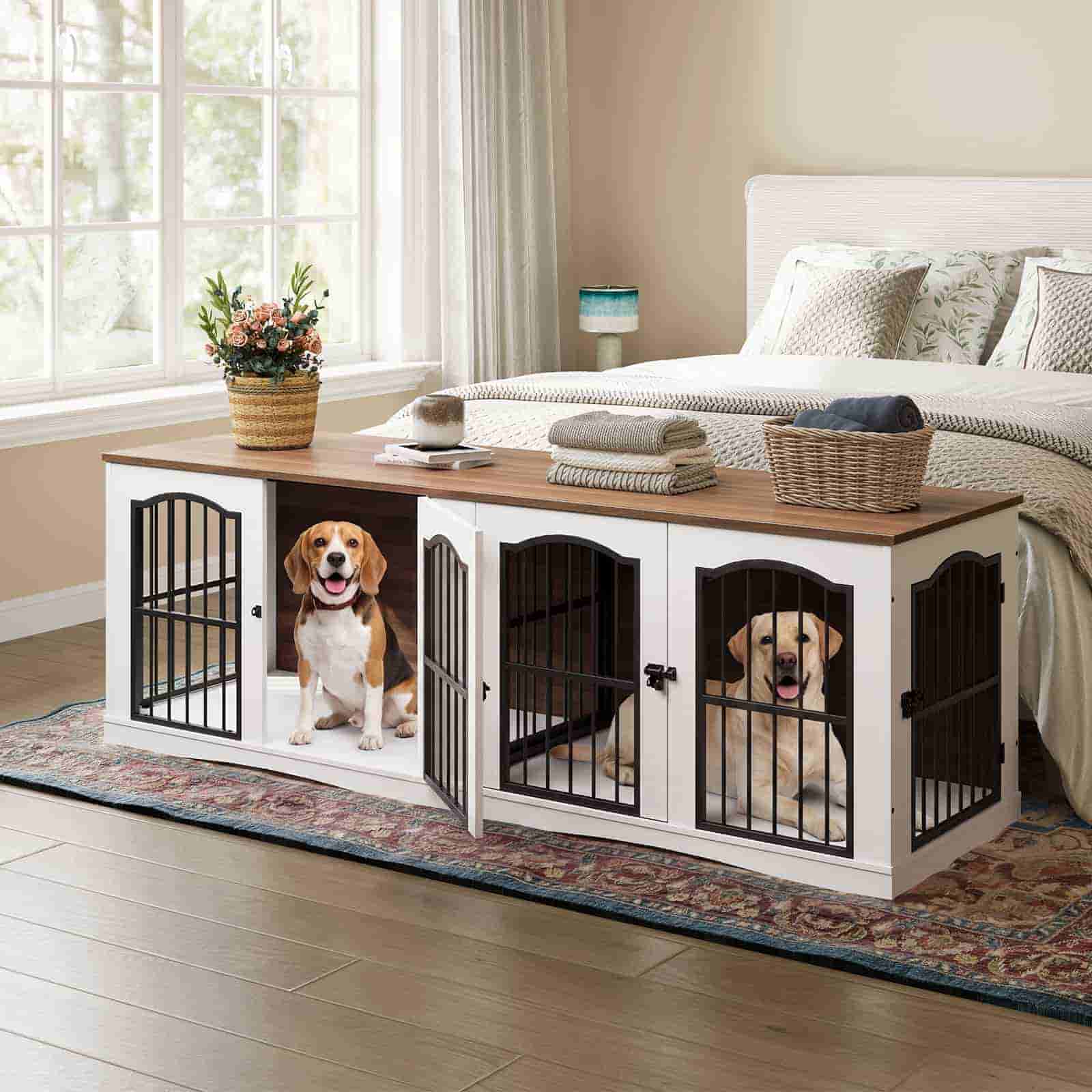Furniture piece with pet crates integrated into a living room setting.