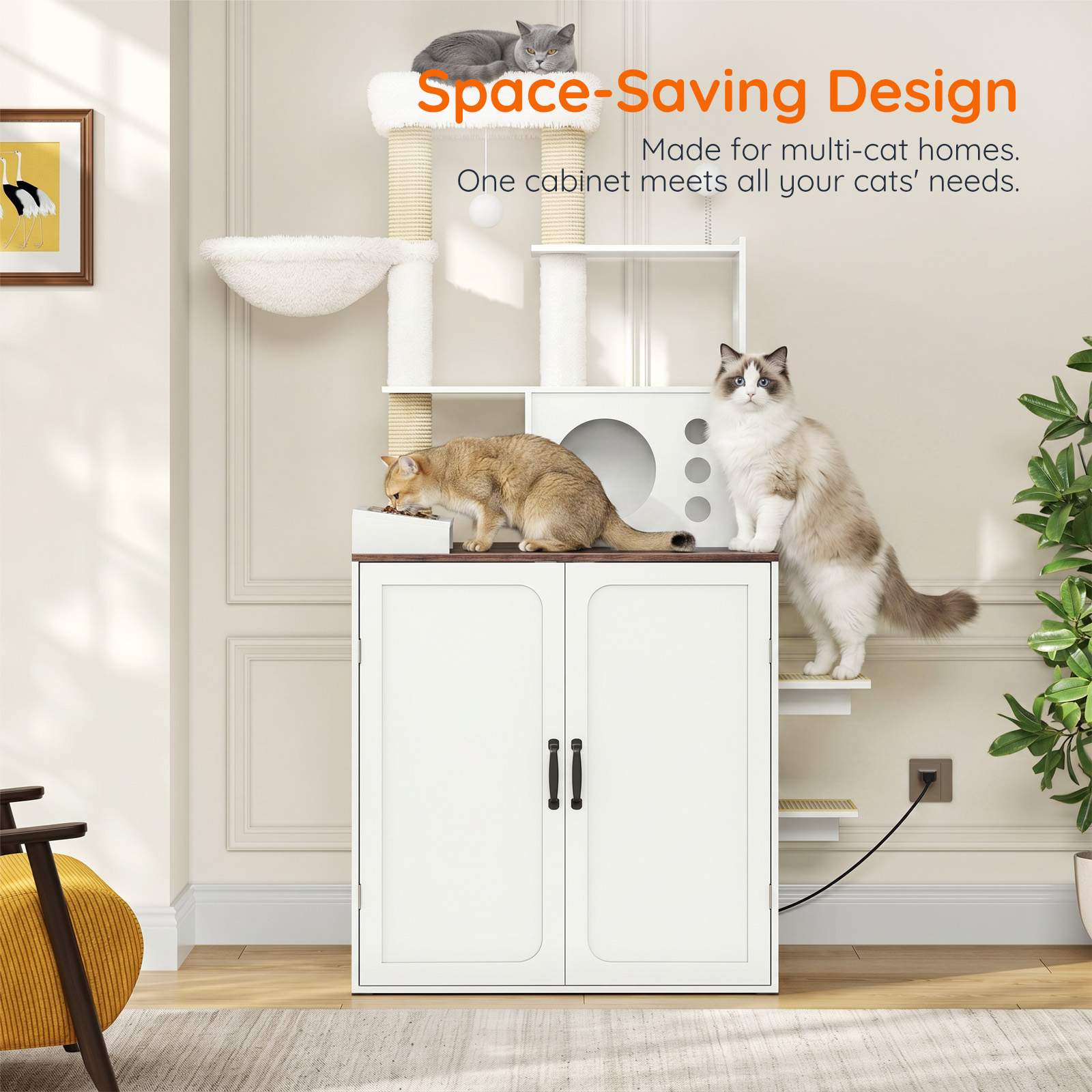 Two cats playing on the space-saving multi-tier cat furniture tree combo highlighting vertical space efficiency.