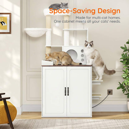 Two cats playing on the space-saving multi-tier cat furniture tree combo highlighting vertical space efficiency.