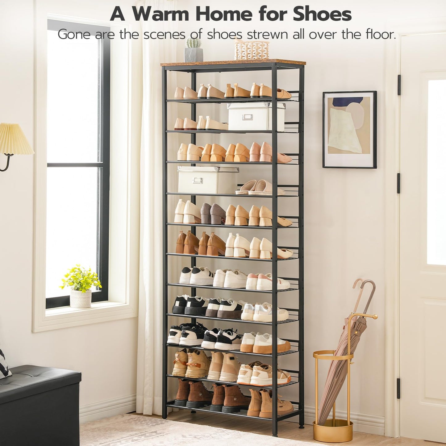 Space-saving closet shoe storage tower fitted into a modern mudroom next to a window holding boots and heels.