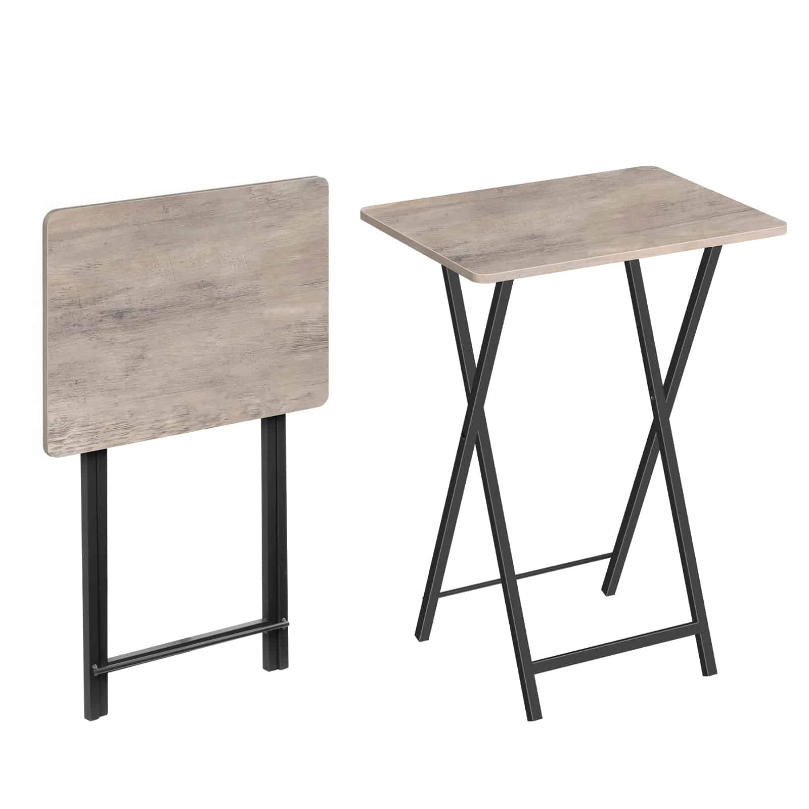Studio comparison view showcasing the snack table fully folded flat and standing open for easy space-saving storage.