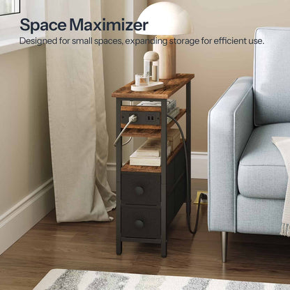 Space-saving narrow side table positioned perfectly next to a light blue modern living room sofa.