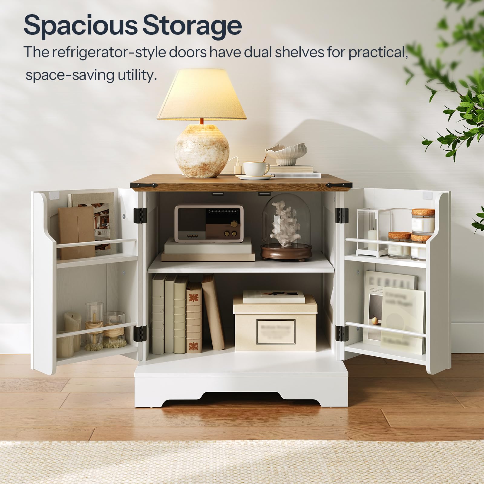 White storage cabinet with open doors displaying various items in a room setting.